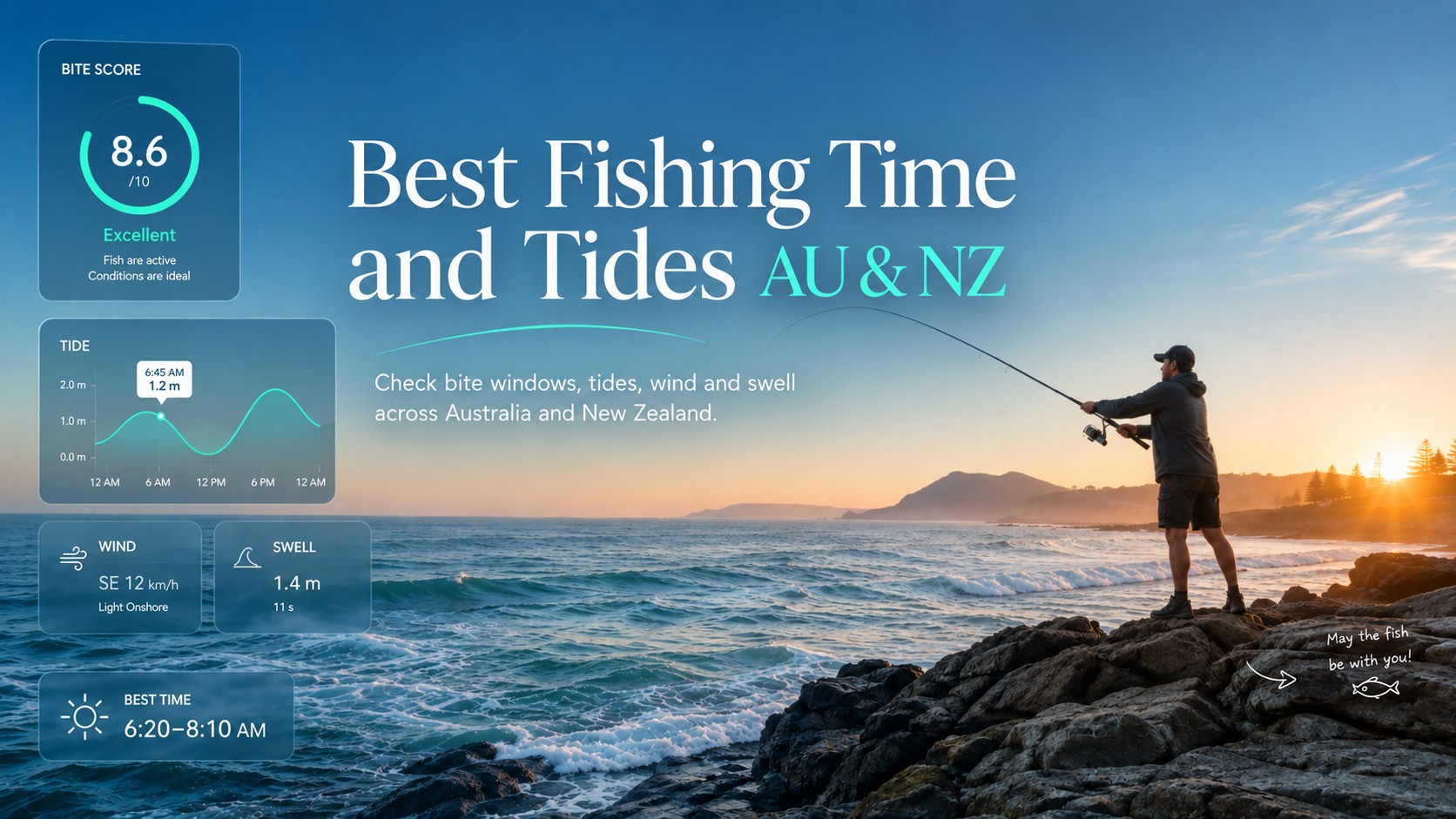 Best Fishing Time and Tides AU & NZ — fishing conditions, bite score, tide, wind, swell and best time on an Australia and New Zealand coastal scene.