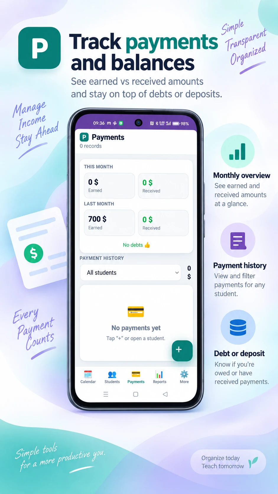 Tutor Organizer payments and balance overview