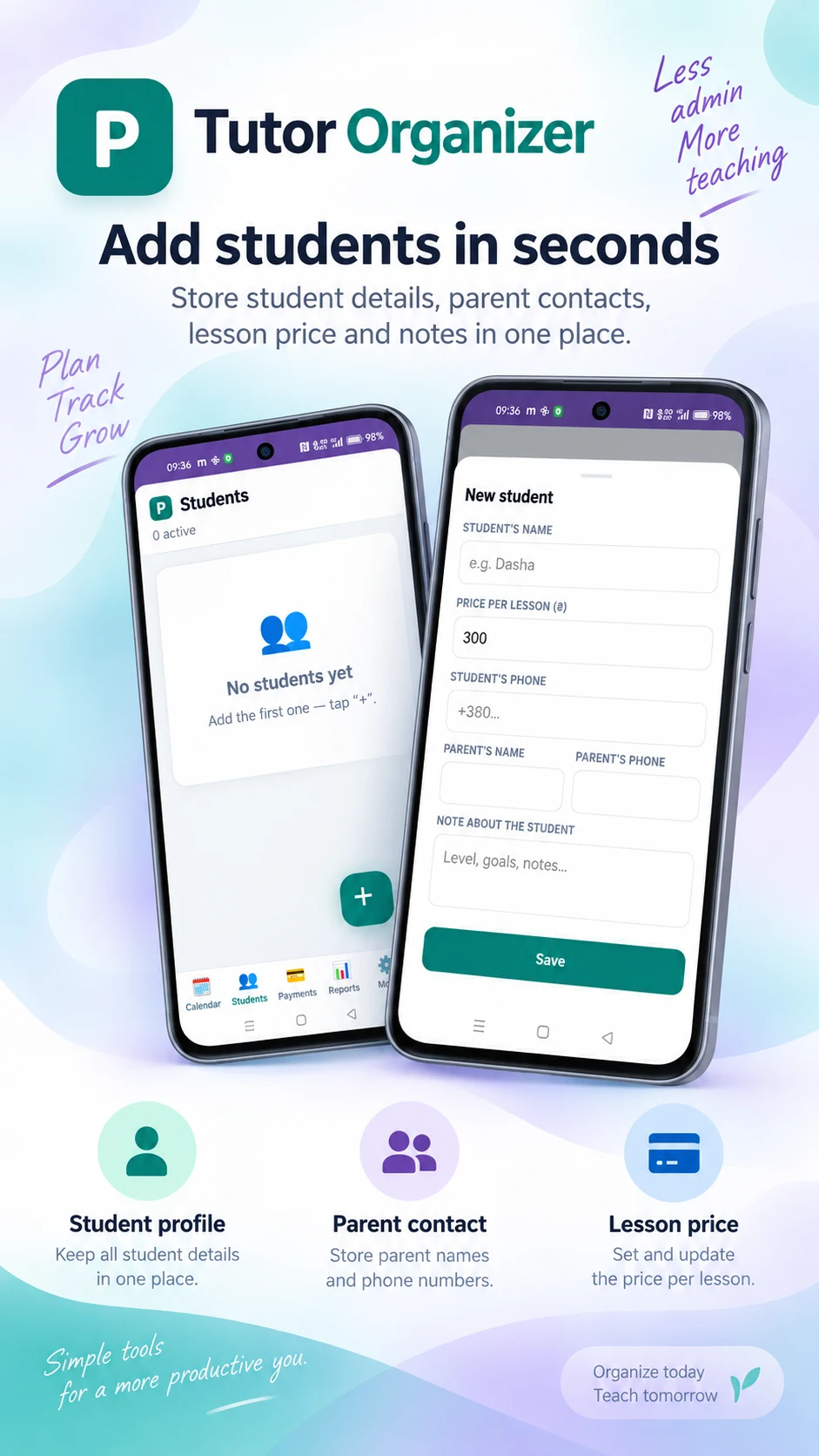 Tutor Organizer student profile and parent contact form