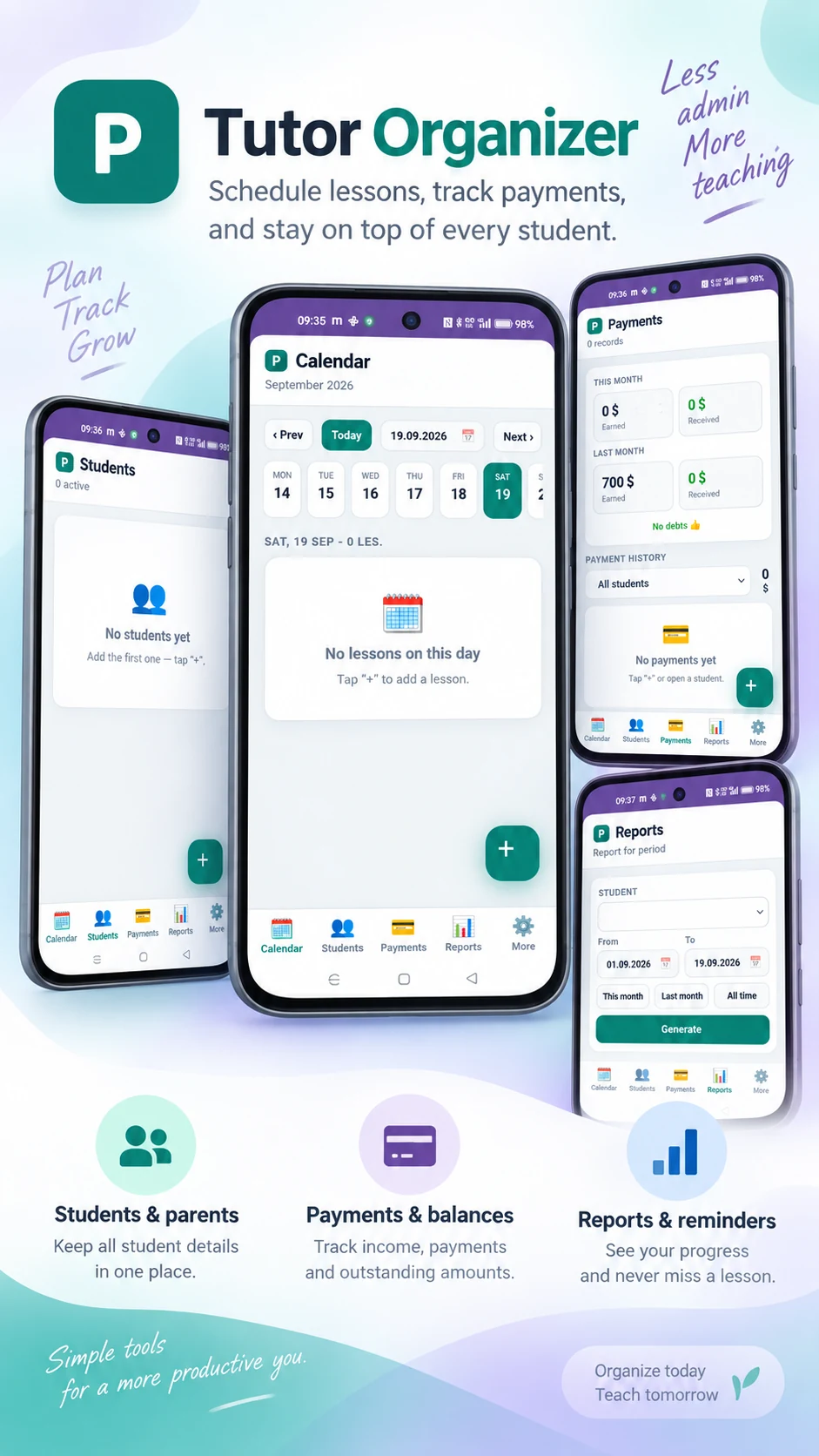 Tutor Organizer overview showing students, calendar, payments and reports
