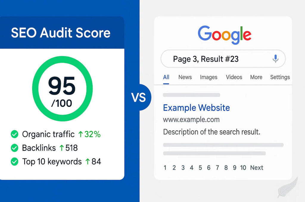 Free SEO audit showing ranking for New Zealand business website Free SEO audit showing 95/100 score versus actual Google page 3 ranking for New Zealand business website