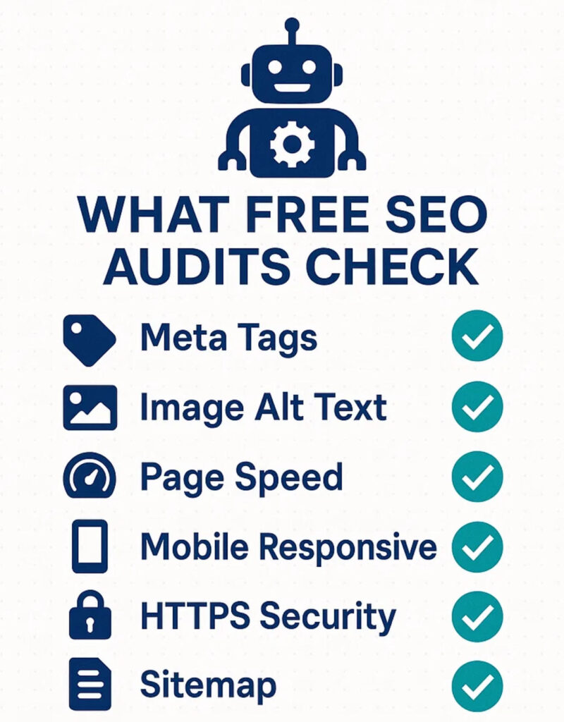 Infographic checklist free website audit tools actually check Infographic checklist showing what free website audit tools actually check in automated SEO analysis