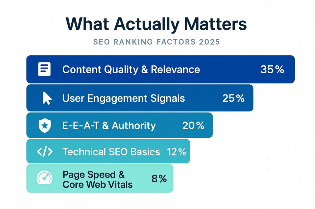 Factors that actually matter for New Zealand businesses Chart showing key SEO ranking factors that actually matter for New Zealand businesses in 2025