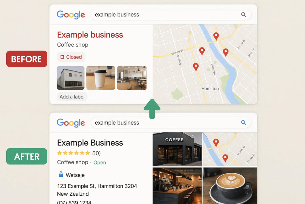 Hamilton cafe Google Business Profile Before and after comparison of Hamilton cafe Google Business Profile following professional SEO audit in New Zealand