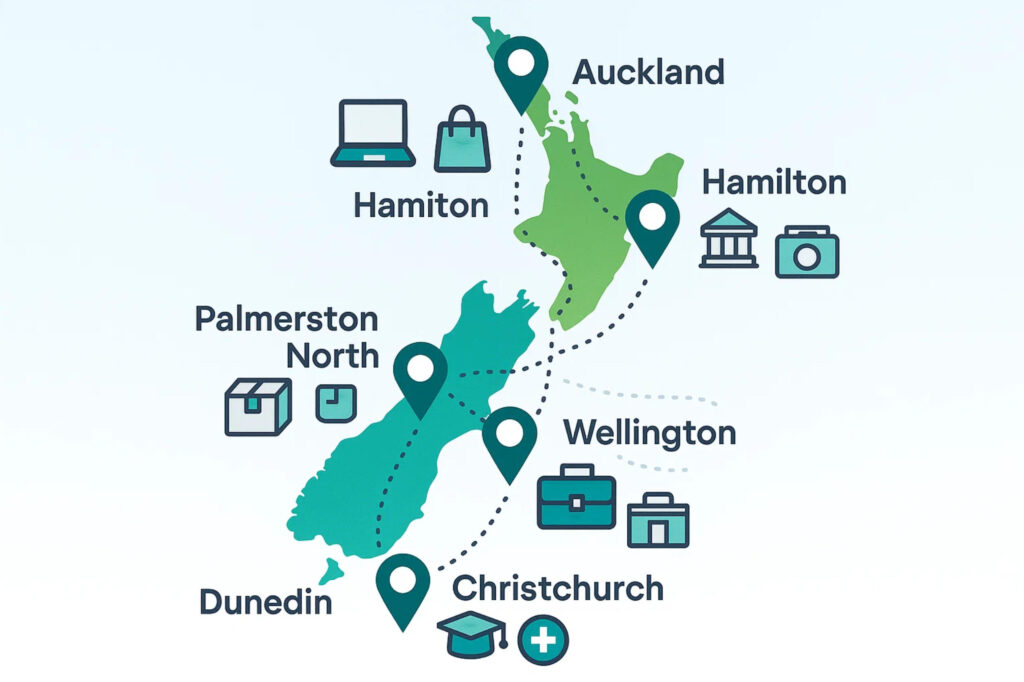 Map of New Zealand showing SEO audit services for businesses in Auckland, Wellington Map of New Zealand showing SEO audit services for businesses in Auckland, Wellington, Christchurch, Hamilton, Tauranga, Dunedin and Palmerston North
