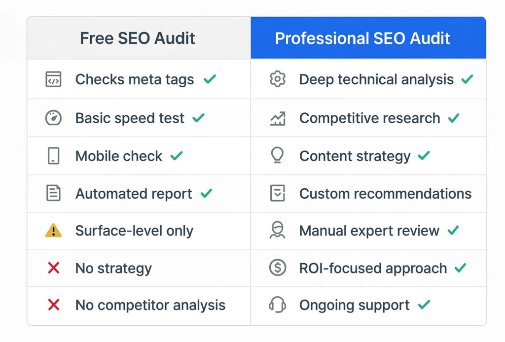 Differences between free automated SEO audit and professional website audit services Comparison table showing differences between free automated SEO audit and professional website audit services