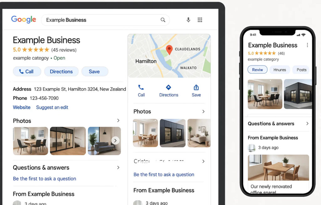 Google Business Profile optimized listing showing reviews, photos, and local map pack results for Hamilton New Zealand business