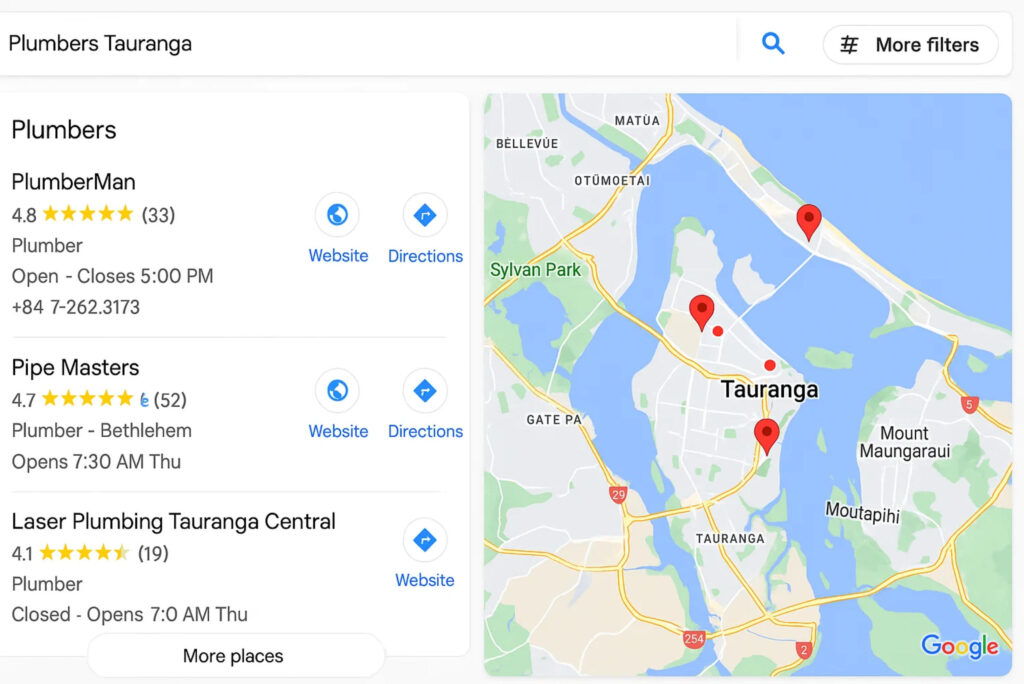 Google Maps Local Pack Results for Tauranga Searches Google Maps local search results displaying top three business listings in Tauranga with ratings, reviews, and map locations in the local pack