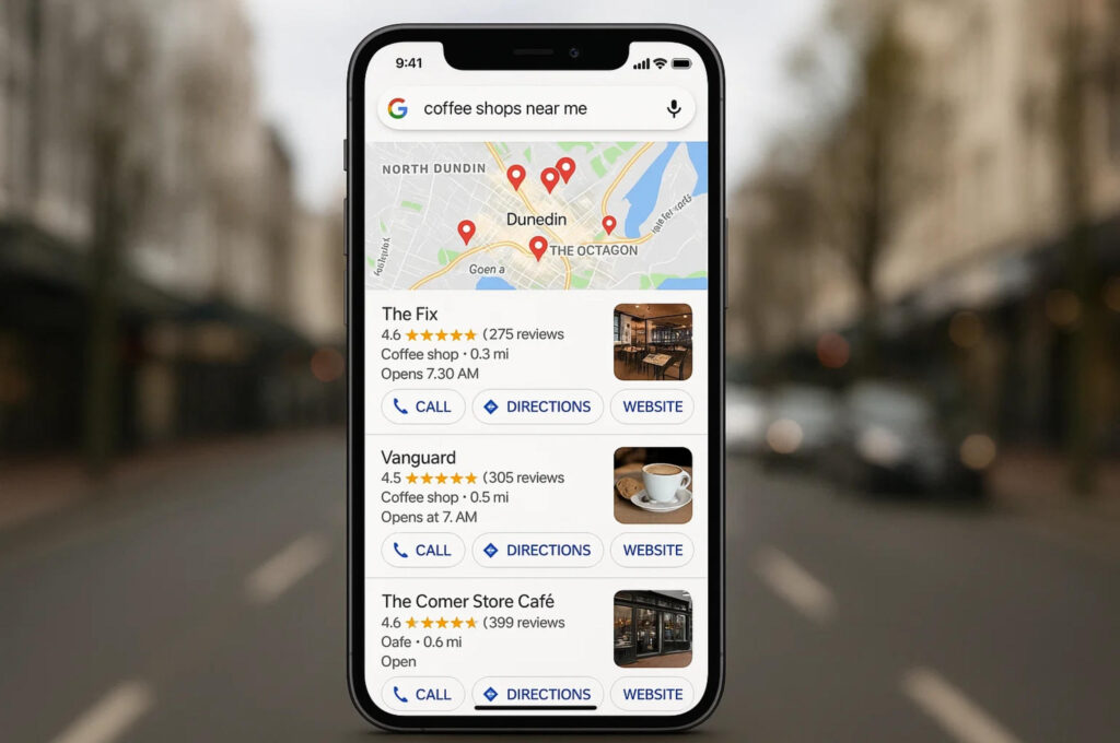 Local SEO Results for Dunedin Businesses on Google Maps Google Maps search results showing optimized local business listings for Dunedin companies through professional SEO services