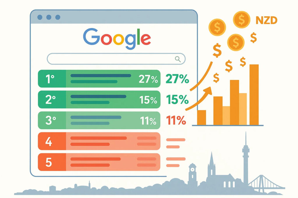 Infographic showing click-through rates for Google search positions and revenue loss for Hamilton businesses not ranking in top 3