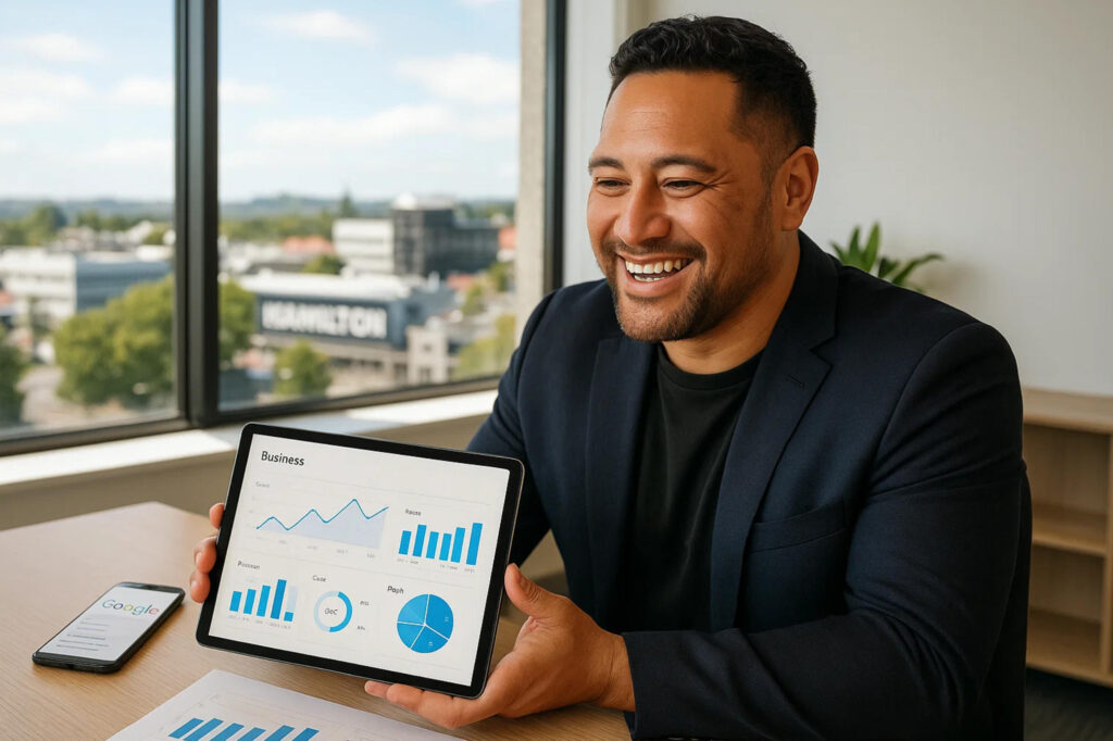 Happy Hamilton New Zealand business owner reviewing positive SEO results and business growth metrics in modern office