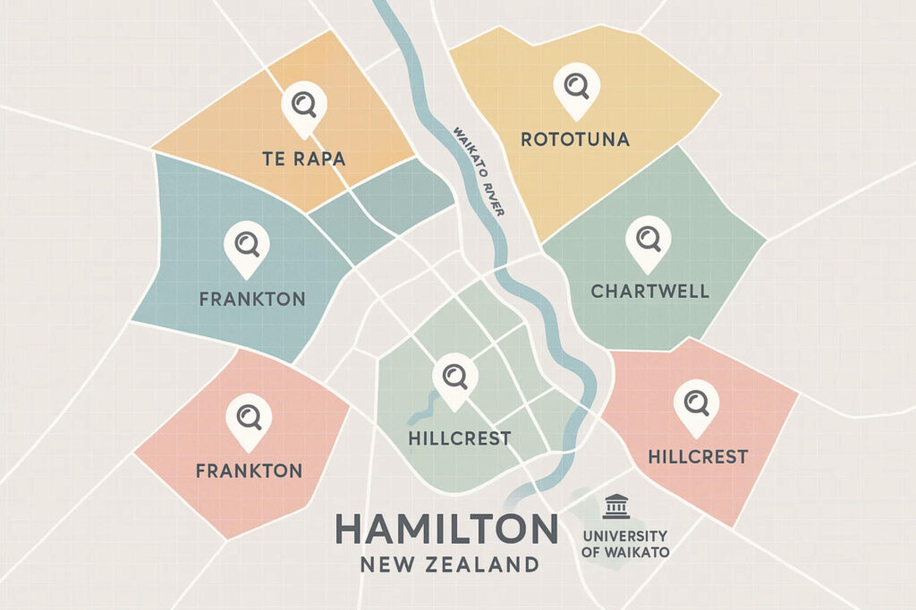 Map of Hamilton New Zealand suburbs including Frankton, Flagstaff, Te Rapa, Rototuna, Chartwell showing local SEO service areas