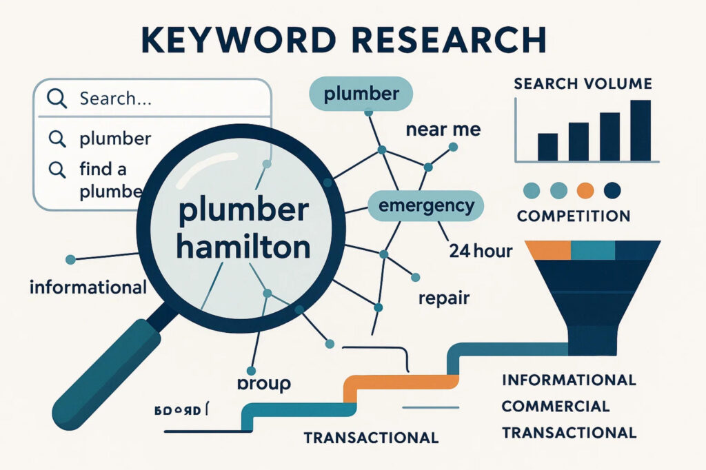 Keyword research visualization showing commercial search terms, search volume data, and long-tail keyword strategy for Hamilton SEO