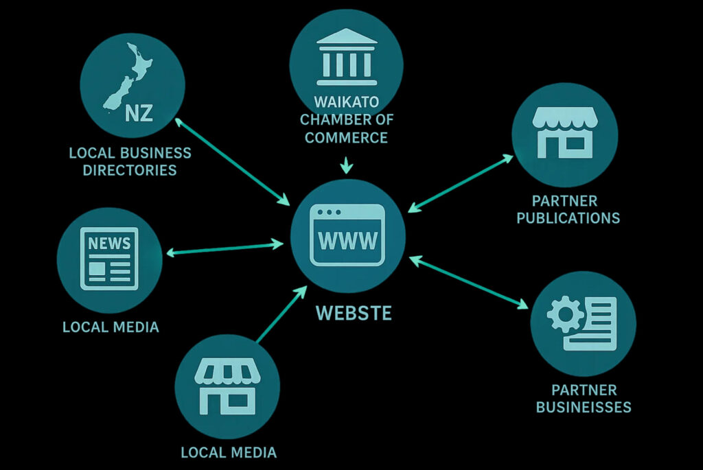 Link building network diagram showing backlinks from Hamilton business directories, local citations, and authority websites for SEO