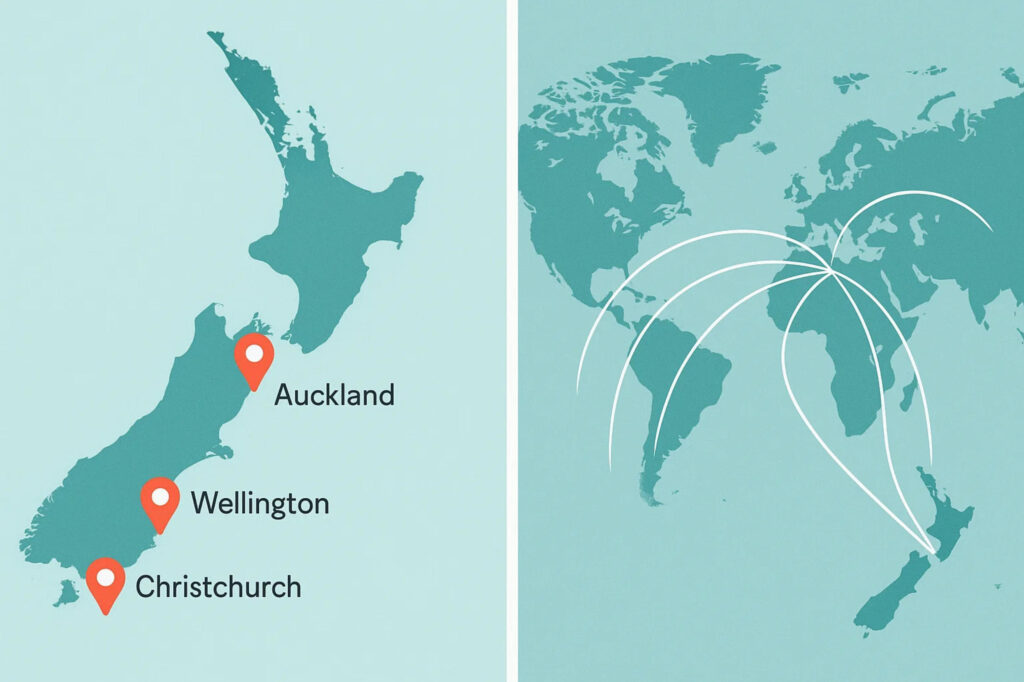 Local and International SEO Expertise Map of New Zealand and global SEO network connections symbolizing local and international reach