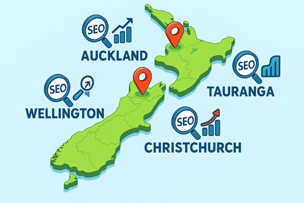 Local SEO for New Zealand Cities Map of New Zealand with SEO location pins representing key business markets