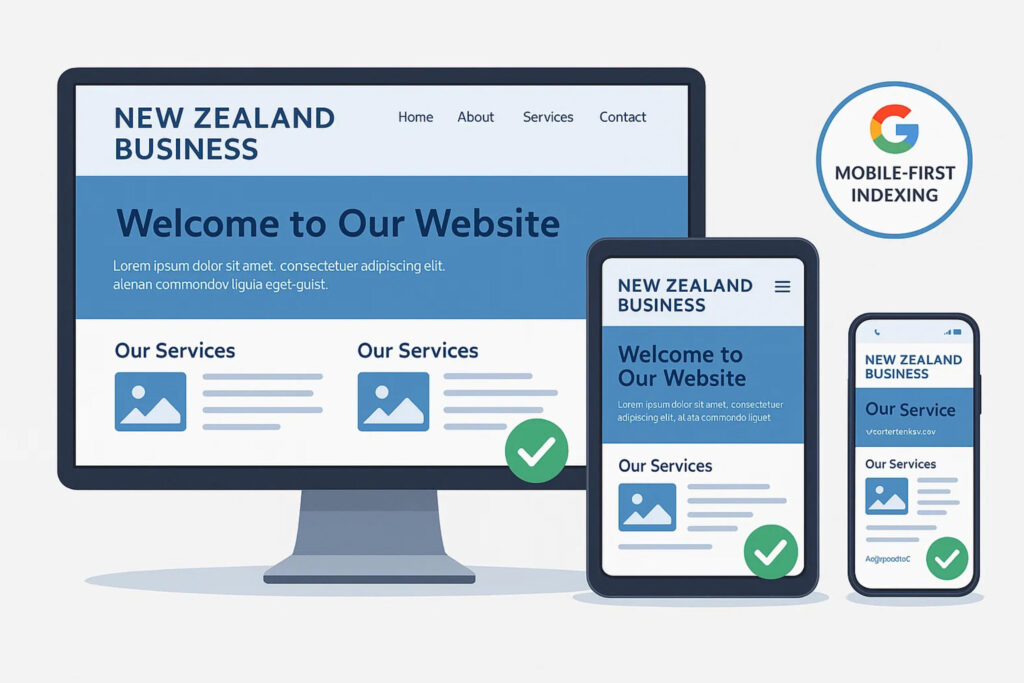 Responsive website design shown on desktop, tablet, and mobile devices demonstrating mobile-friendly SEO optimization for Hamilton businesses