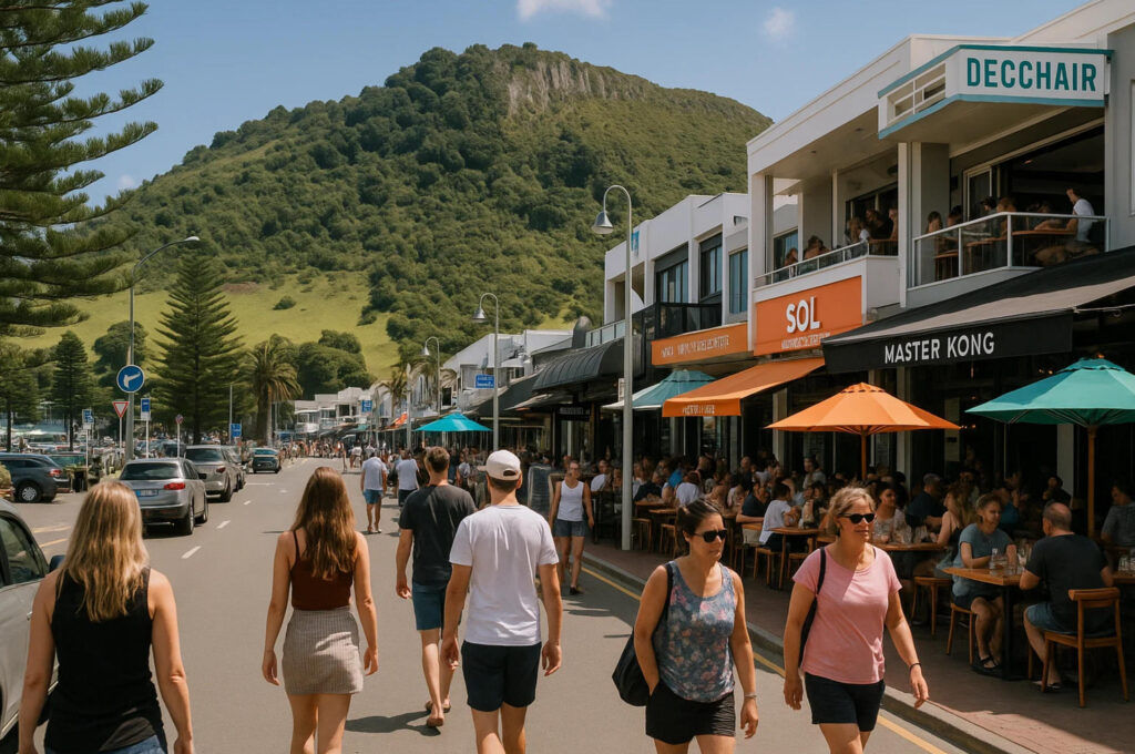 Mount Maunganui Beachfront Commercial Precinct Mount Maunganui beachfront showing cafes, restaurants, and retail businesses with the iconic Mount in background, representing thriving hospitality sector