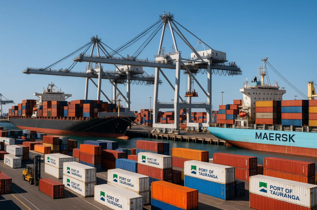 Port of Tauranga Commercial Logistics and Freight Operations Port of Tauranga shipping terminal with cargo containers, cranes, and freight vessels showcasing logistics and supply chain industry