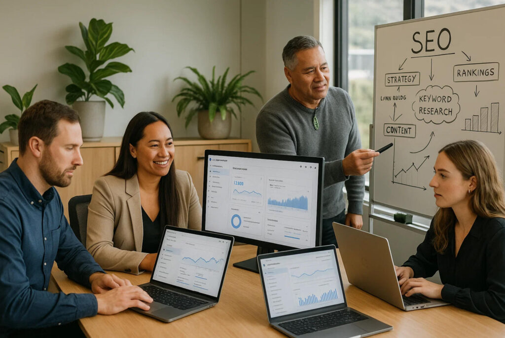SEO specialists team working on search optimization strategies for Hamilton businesses in modern New Zealand office