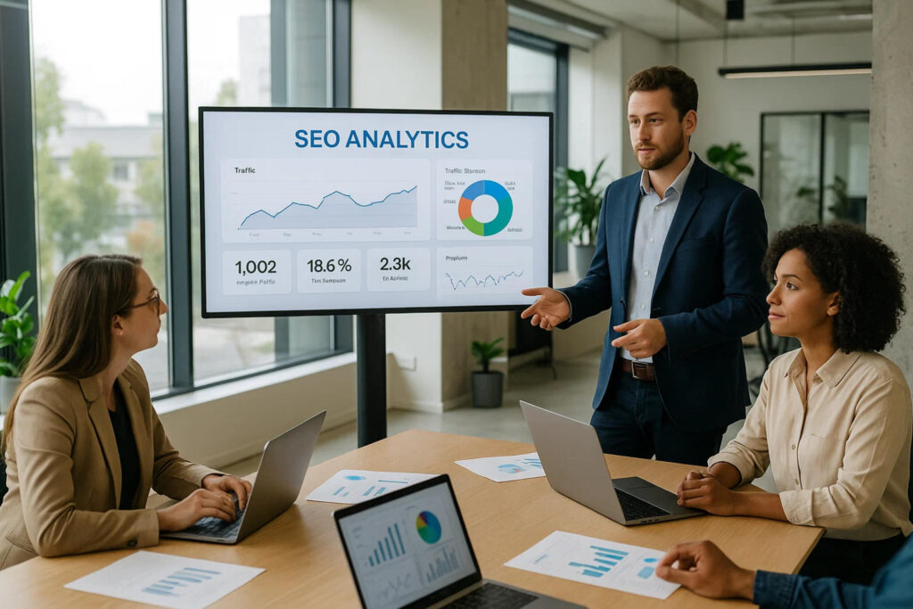 SEO Strategy Team Analyzing Campaign Performance Data Digital marketing team collaborating on SEO strategy with analytics dashboards and performance metrics displayed on screens