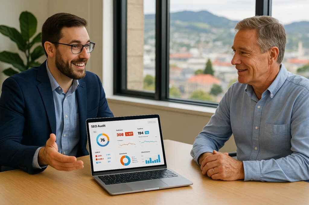 Professional SEO Consultation for Dunedin Business Owners SEO specialist conducting website audit consultation with Dunedin business owner showing analytics and growth strategy