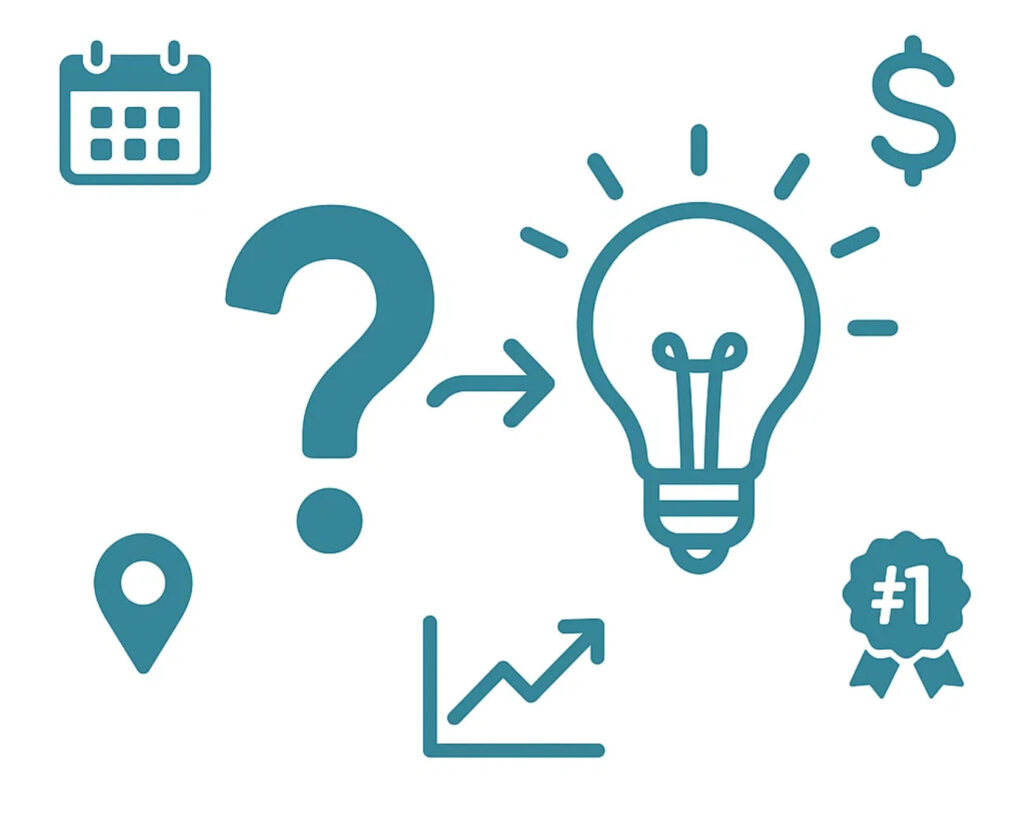 FAQ icon illustration with question mark and lightbulb representing SEO questions and answers for Hamilton businesses