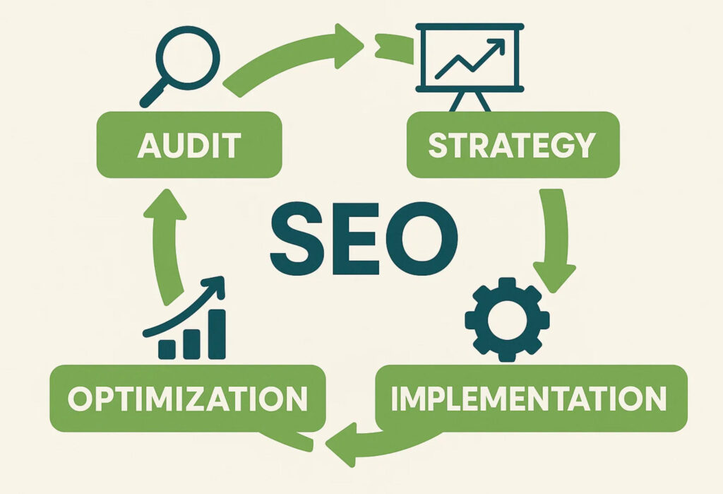 Our Proven SEO Process for New Zealand Businesses Four-step SEO process infographic showing audit, strategy, implementation, and optimization stages