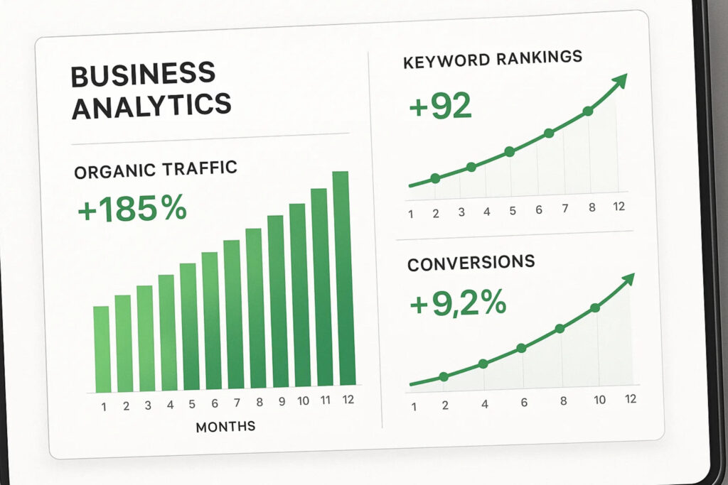 SEO Performance Growth Analytics for Dunedin Business Success Analytics dashboard showing organic traffic growth and keyword ranking improvements from SEO services in Dunedin