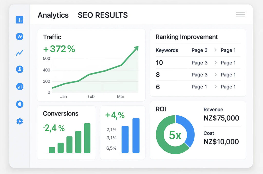 Analytics dashboard showing SEO results including 300-500% traffic growth, improved Google rankings, and ROI metrics for Hamilton businesses