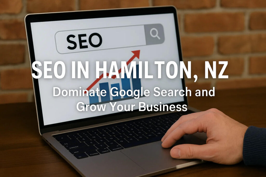 Hamilton New Zealand cityscape with Waikato River and digital marketing growth visualization showing SEO services impact