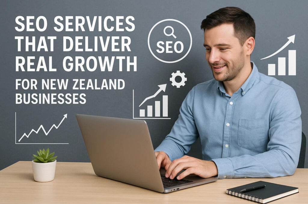 SEO Services in New Zealand – Real Growth for Kiwi Businesses New Zealand business owner reviewing SEO analytics with Auckland skyline background