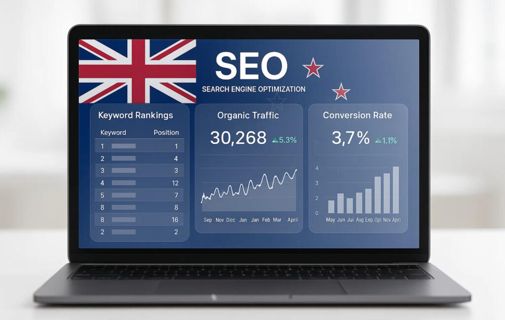 Transparent SEO Reporting Dashboard Laptop displaying SEO analytics dashboard with charts and keyword ranking metrics