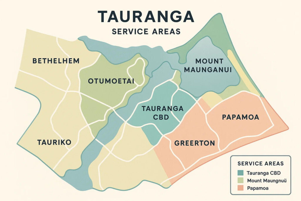 SEO Service Coverage Map - Tauranga and Bay of Plenty Region Map of Tauranga and Bay of Plenty showing service areas including CBD, Mount Maunganui, Papamoa, Bethlehem, and surrounding suburbs