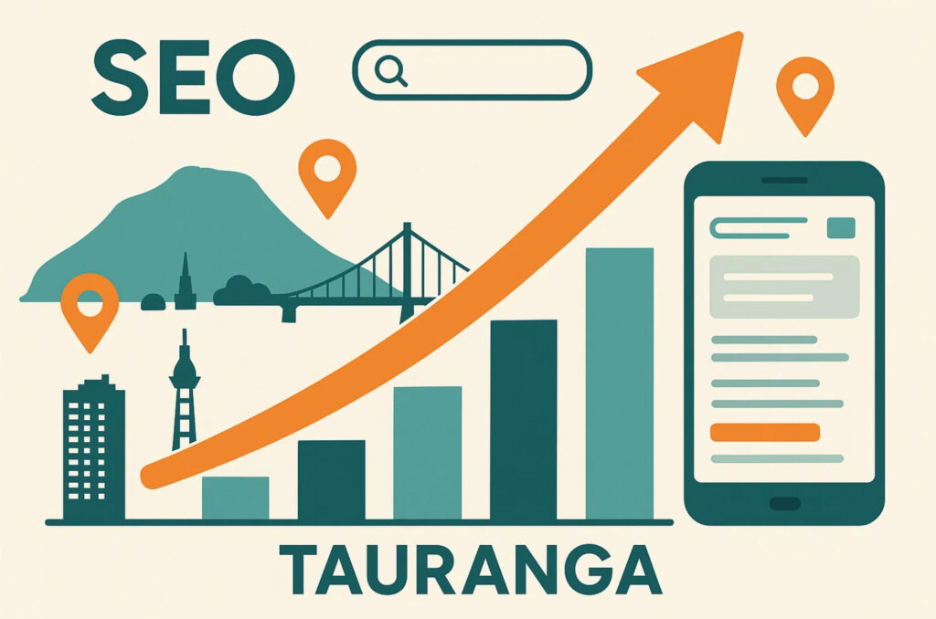 SEO Growth Metrics for Tauranga Businesses Growth chart infographic showing SEO performance metrics with Tauranga landmarks, illustrating local business visibility improvements and search ranking progress