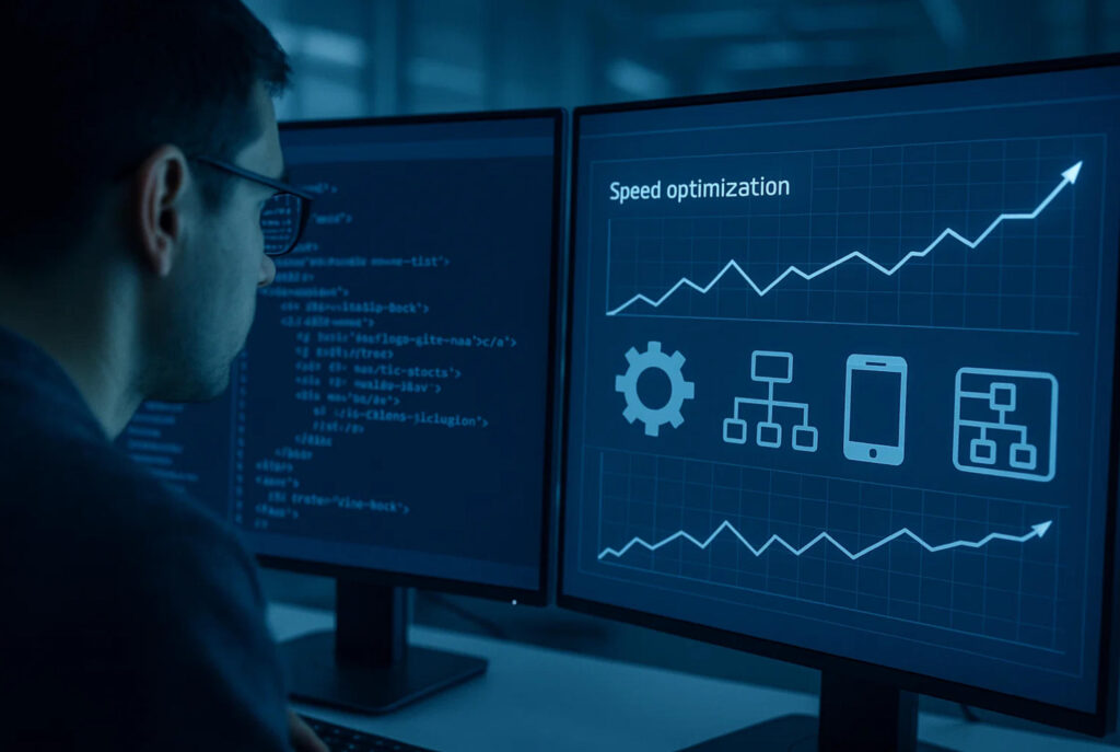 Technical SEO Audit and Optimization Developer performing website technical SEO audit on computer screens