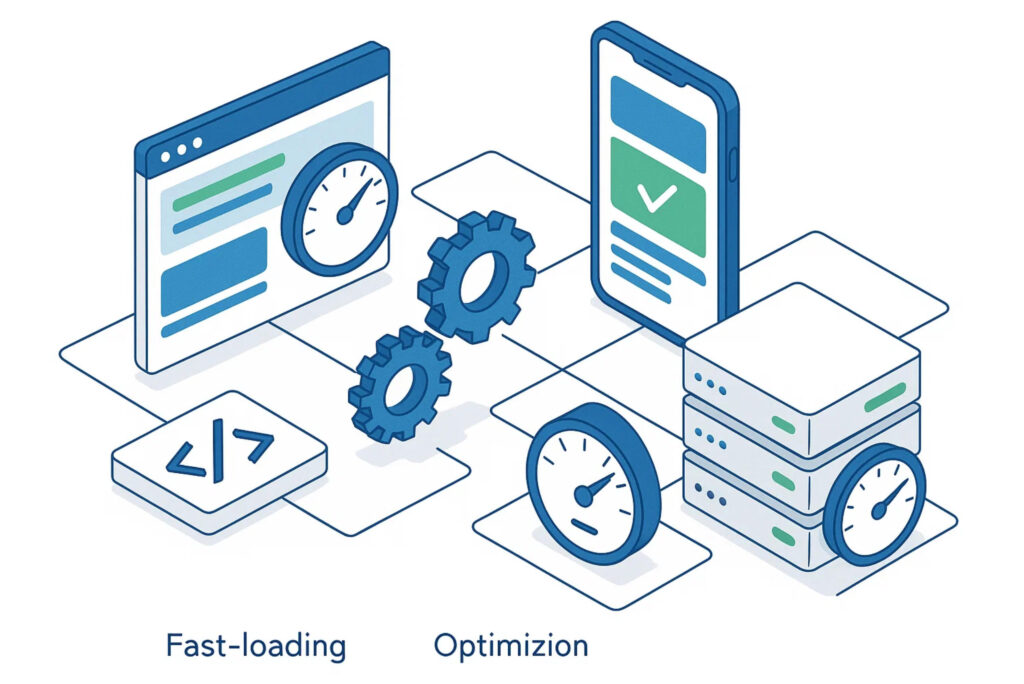 Technical SEO illustration showing website optimization elements including site speed, mobile responsiveness, and code optimization for Hamilton businesses