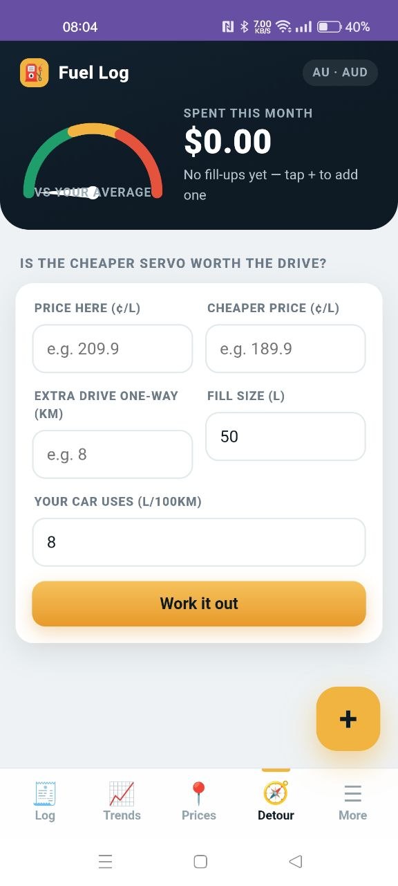 Fuel Log — is it worth driving for cheaper fuel calculator