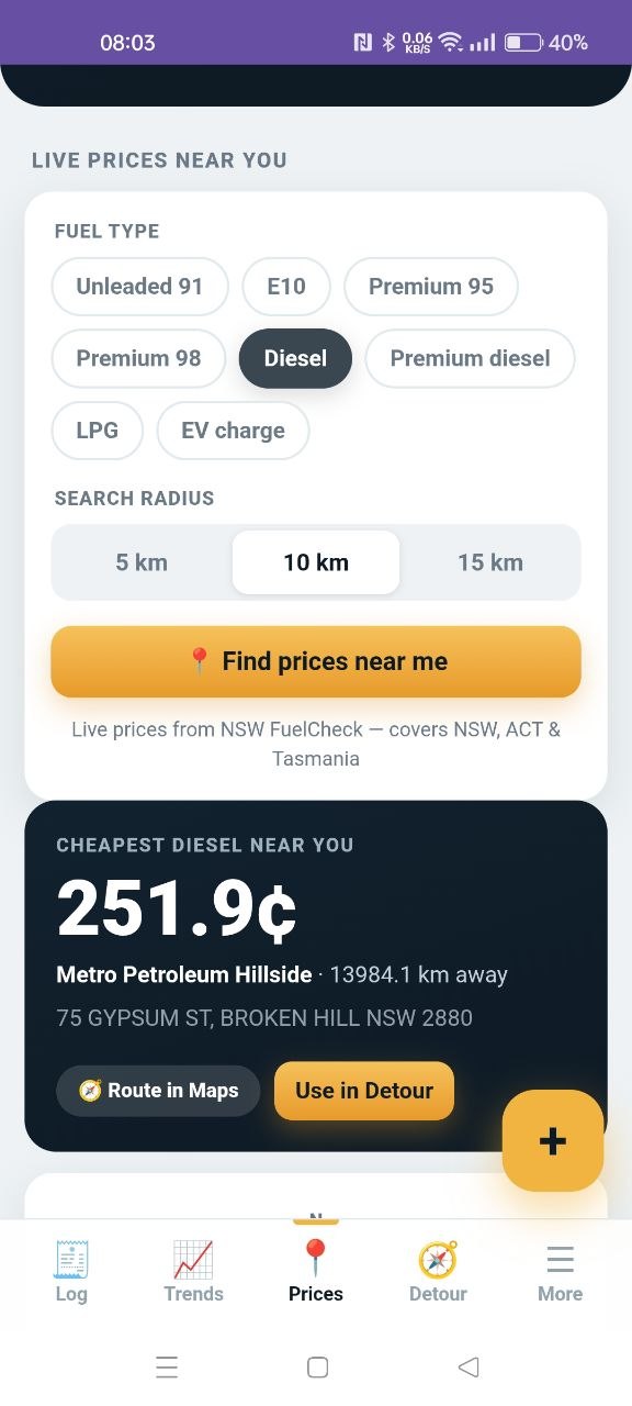 Fuel Log — nearby stations sorted by price