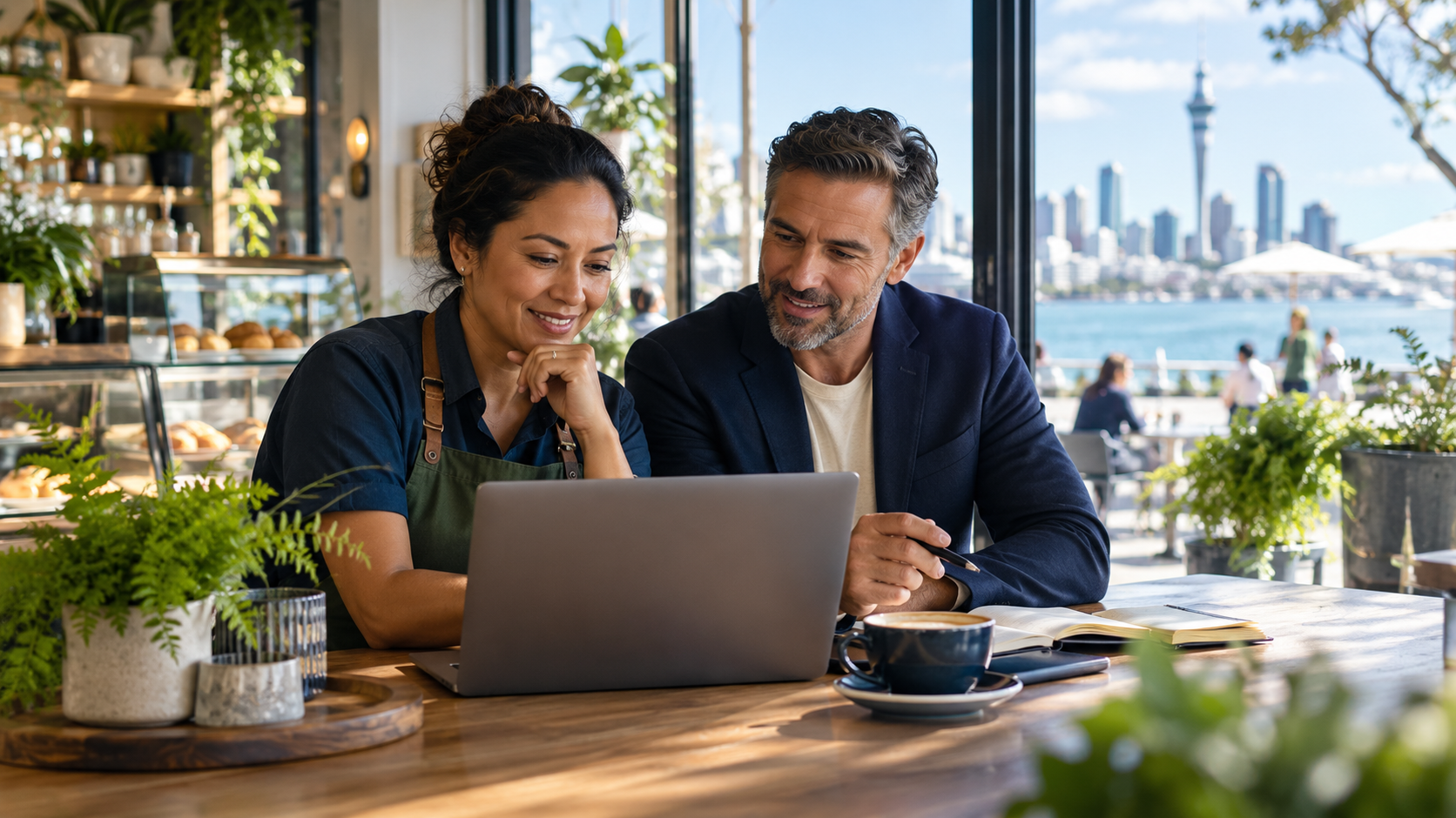 Conceptual Auckland small business owner reviewing local search enquiries with an adviser; Auckland SEO by seo4.co.nz