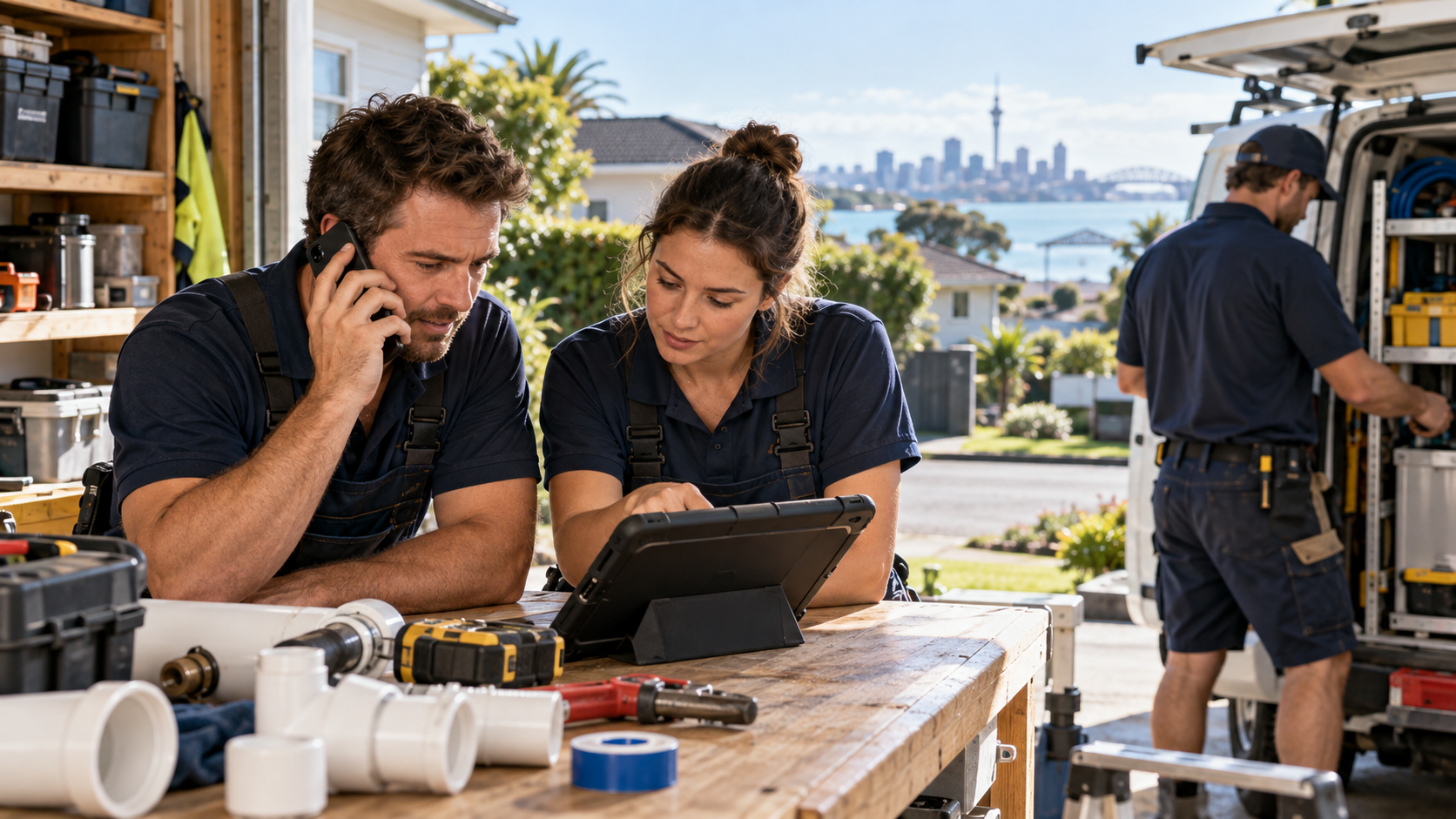 Conceptual Auckland trade services team discussing plumbing and electrical jobs, service areas and customer enquiries