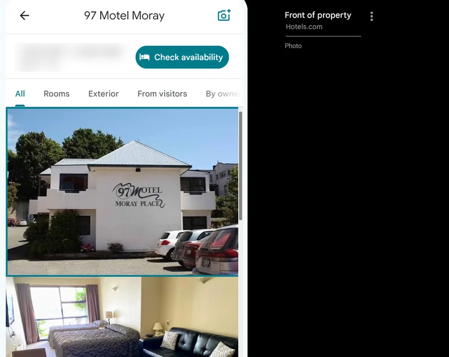 97 Motel Moray Google profile where the first photo is supplied by a booking site
