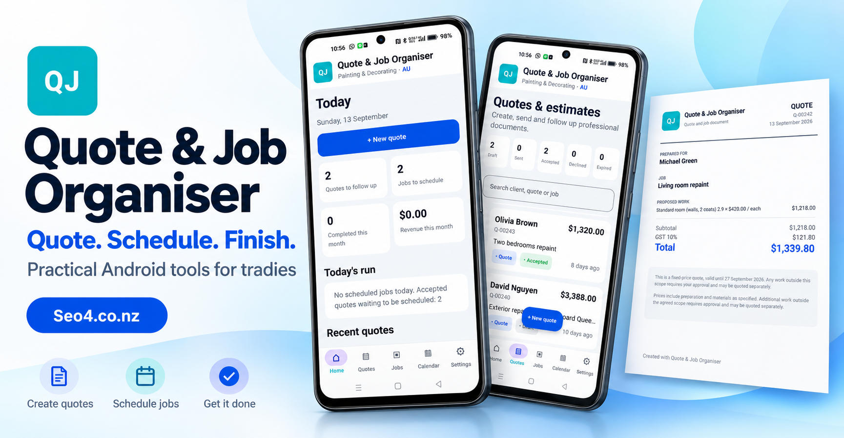 Quote & Job Organiser Android app showing quotes, jobs and PDF estimates by seo4.co.nz
