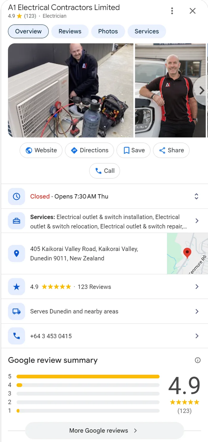A1 Electrical Contractors Google profile in Kaikorai Valley with a 4.9 rating from 123 reviews
