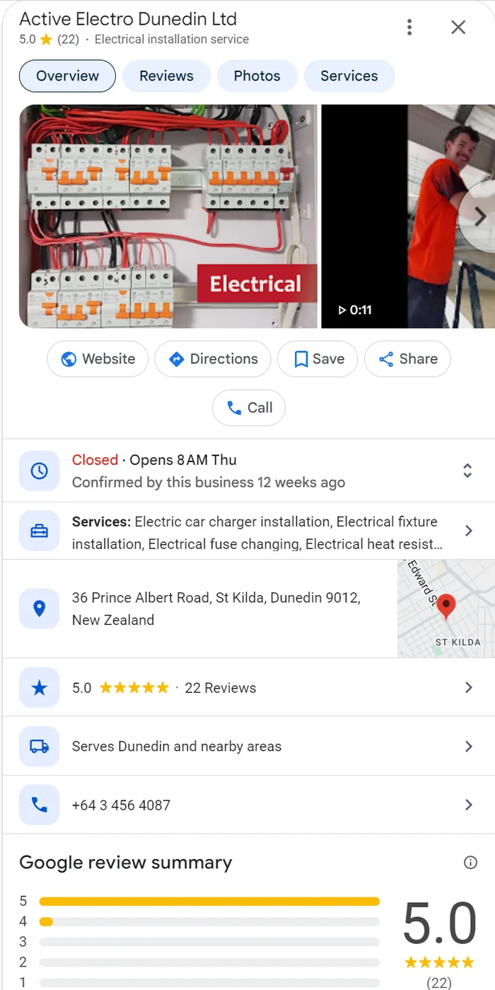 Active Electro Dunedin Google profile in St Kilda with a job video and a 5.0 rating from 22 reviews