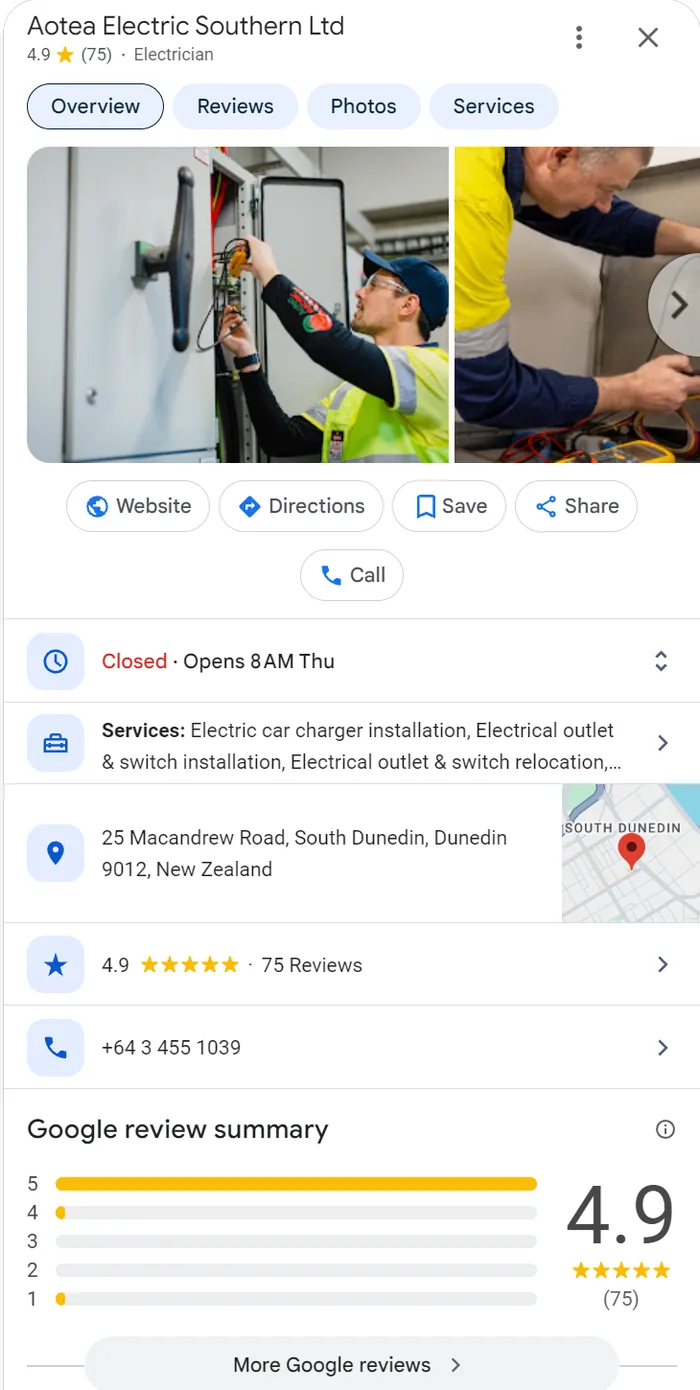 Aotea Electric Southern Google profile in South Dunedin with a 4.9 rating from 75 reviews