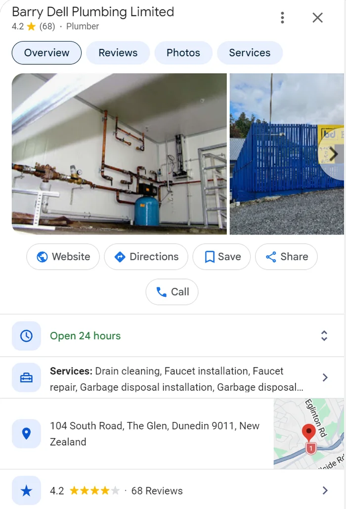 Barry Dell Plumbing Google profile with 68 reviews, open 24 hours and a services list
