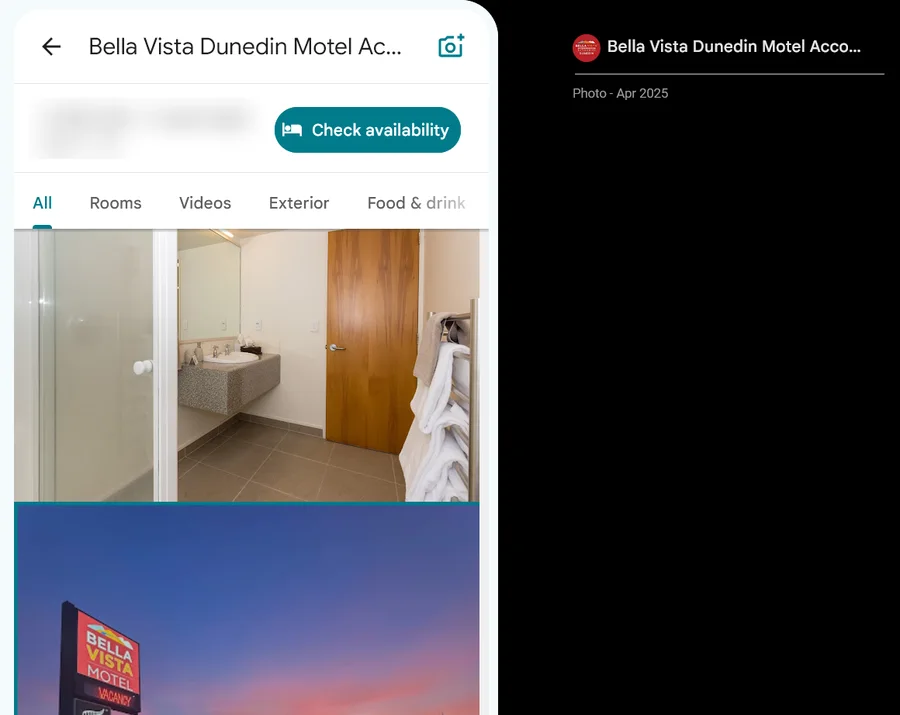 Bella Vista Dunedin Google profile with the motel's own photo of its sign at sunset