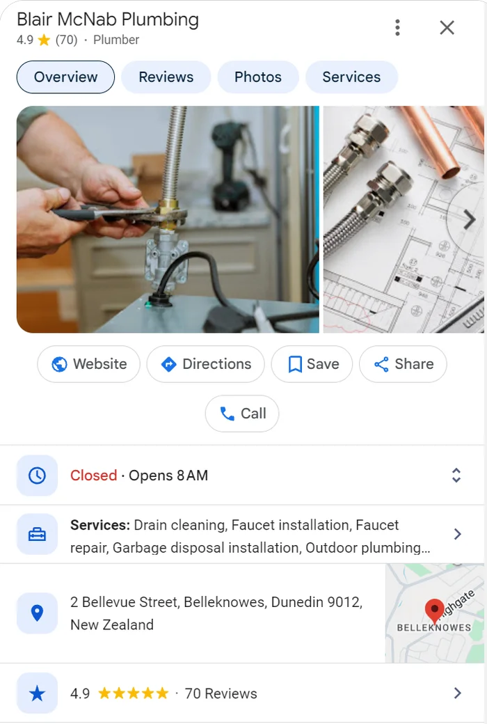 Blair McNab Plumbing Google profile with a 4.9 rating from 70 reviews