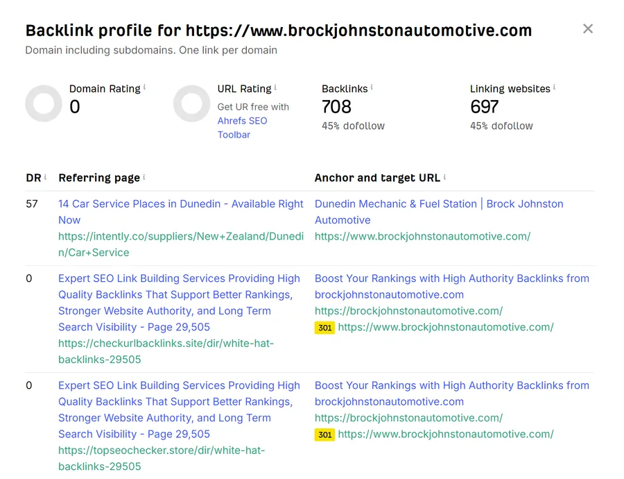 Ahrefs backlink checker showing automated SEO checker pages linking to a Dunedin garage website